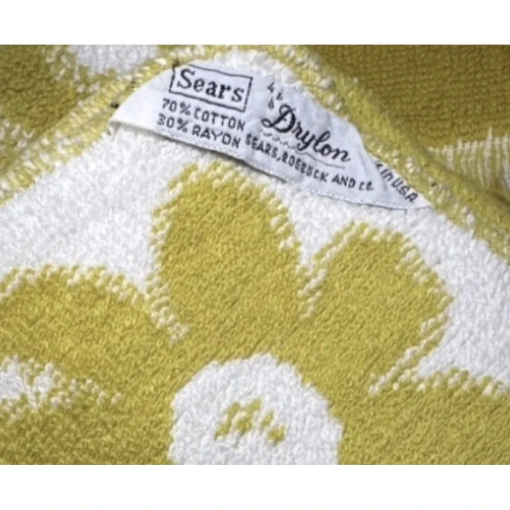 Sears Drylon Vintage Towel Set 5 pc Yellow White Floral Fringe Cotton Rayon USA